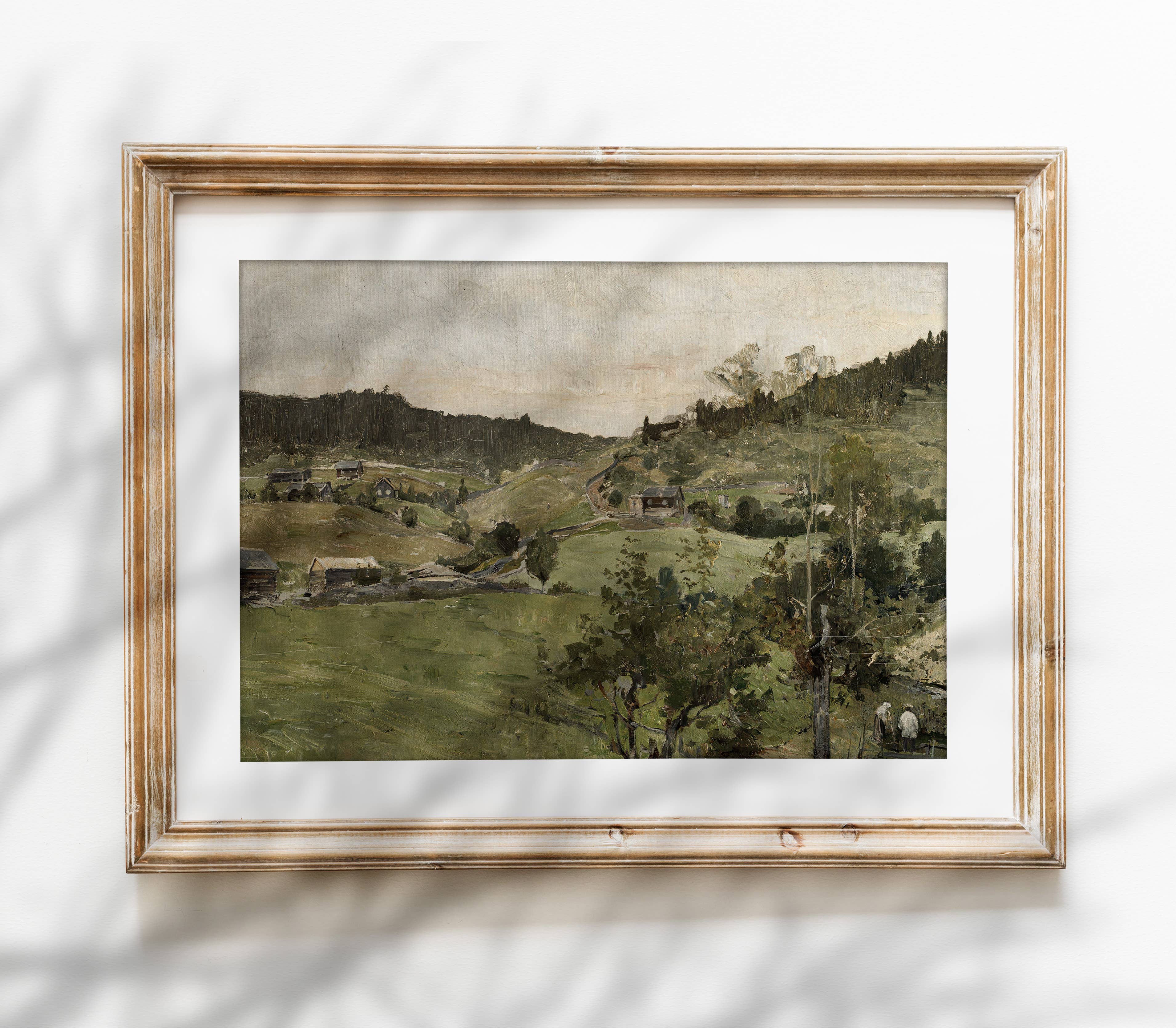 Vintage Landscape Oil Painting | Muted Green Art Print L121: 16”x20”