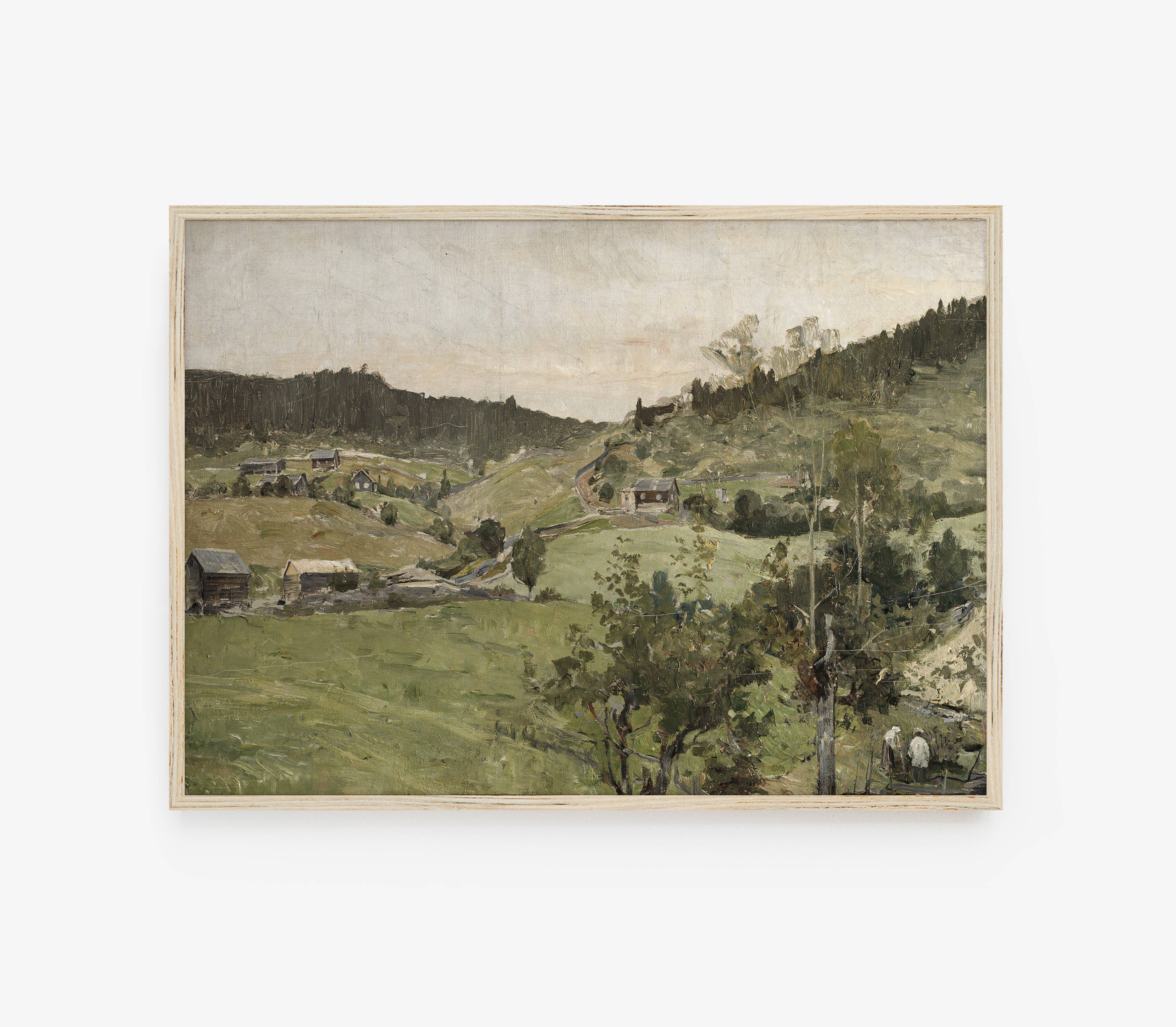 Vintage Landscape Oil Painting | Muted Green Art Print L121: 16”x20”