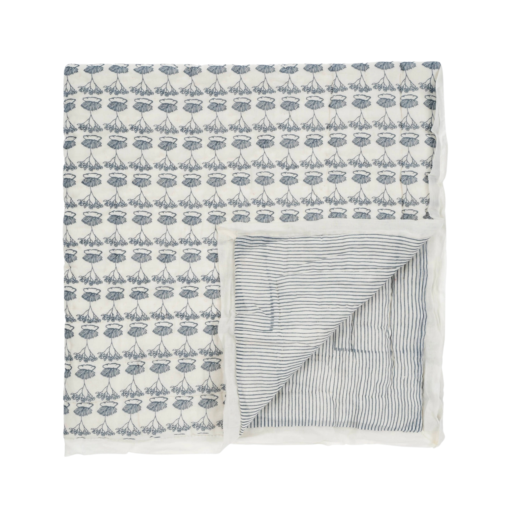 Block Print Botanical Muslin Baby Quilt (Blue)